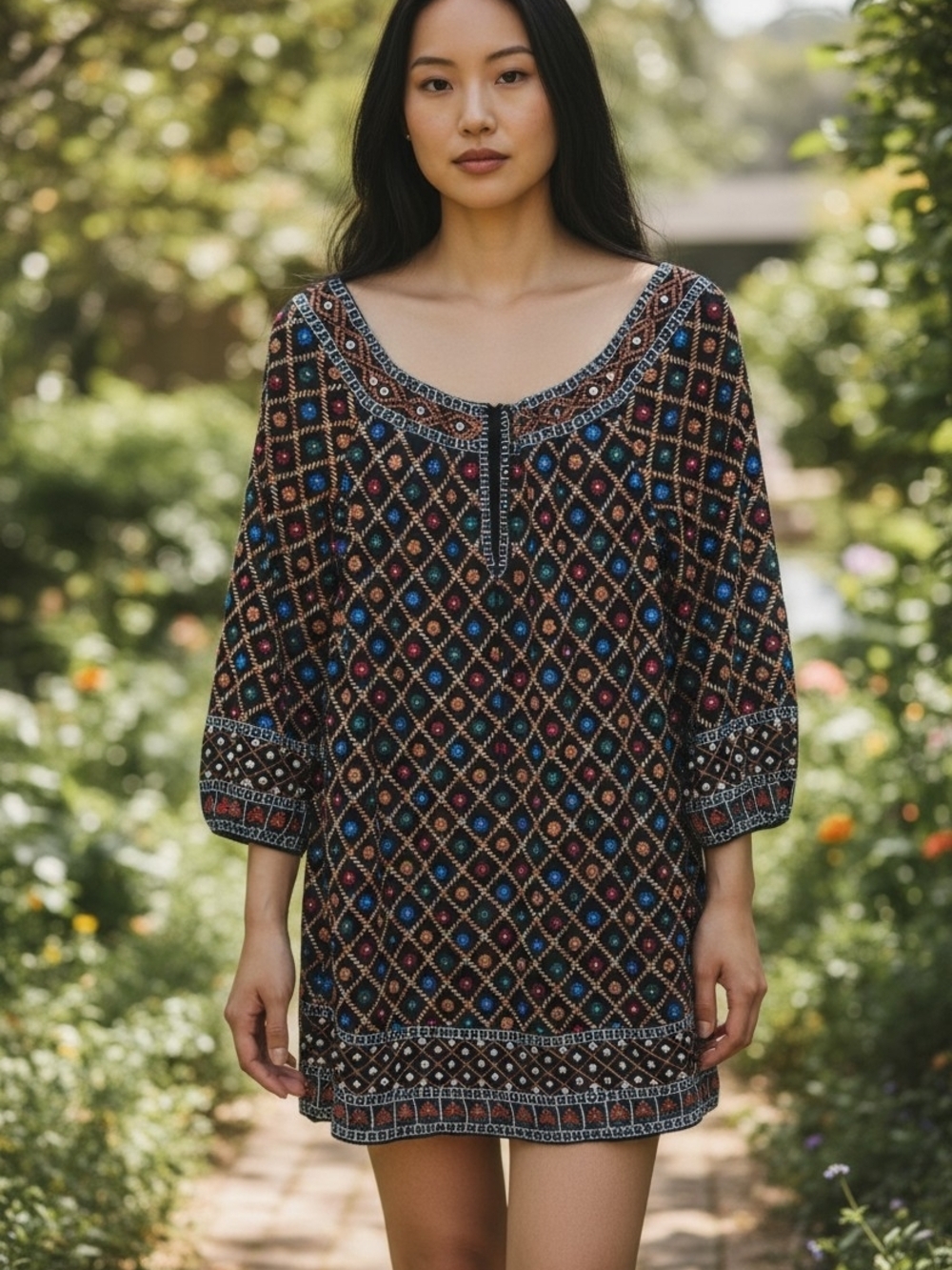 Alice + Olivia Gillian Embroidered Beaded Shift Dress XS Black Boho Silk Detail